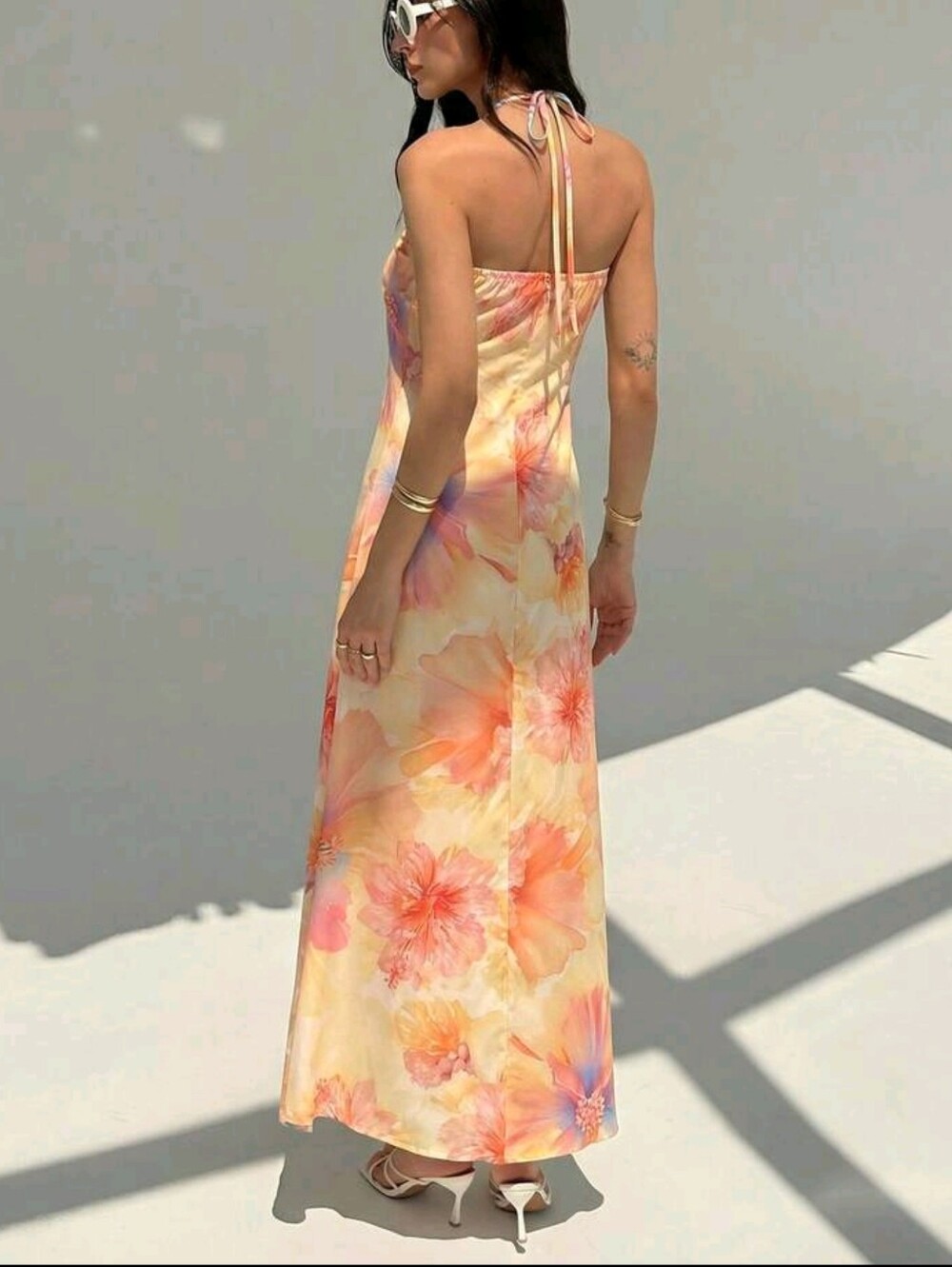 New Champagne Backless Pleated Minimalist Long Dress, Metal Ball Decor - Picture 4 of 6